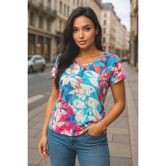 T for Talbots Tops - T By Talbots Size Small Multicolor Rayon Cotton Tee Floral Print City Casual Tee